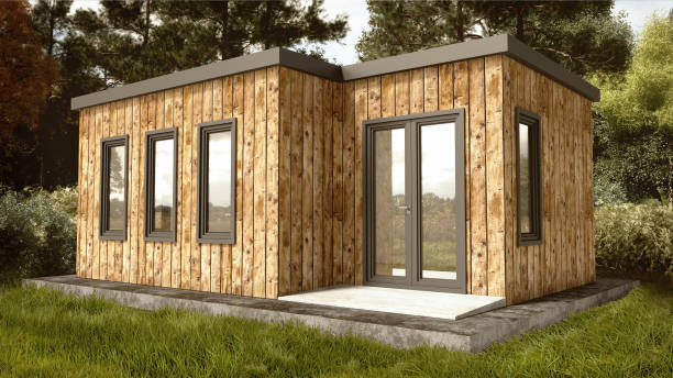 Small Modern Wooden House Exterior with landscape Background