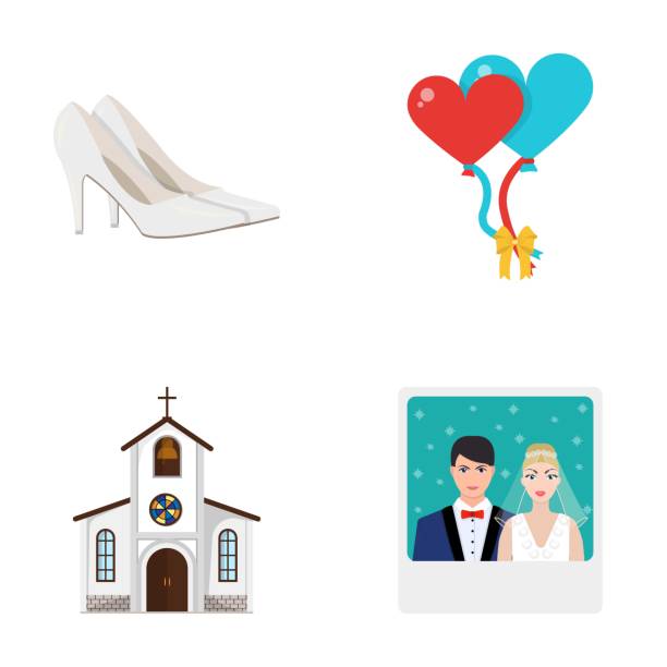 ilustrações de stock, clip art, desenhos animados e ícones de elegant wedding shoes with heels, balloons for the ceremony, a church with a stained-glass window and a bell, a picture of the bride and groom. wedding set collection icons in cartoon style vector symbol stock illustration web. - church wedding