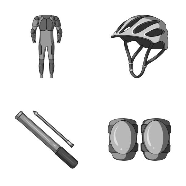 Full-body suit for the rider, helmet, pump with a hose, knee protectors.Cyclist outfit set collection icons in monochrome style vector symbol stock illustration web. Full-body suit for the rider, helmet, pump with a hose, knee protectors.Cyclist outfit set collection icons in monochrome style vector symbol stock illustration kneepad stock illustrations