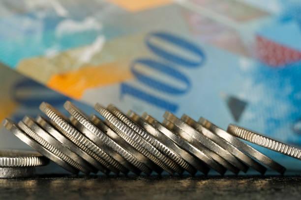 Various Swiss coins visible against background of one hundred francs banknote