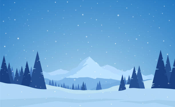 векторная иллюстрация: зимний снежный спокойный горный пейзаж с соснами, холмами и снежинками - layered mountain tree pine stock illustrations