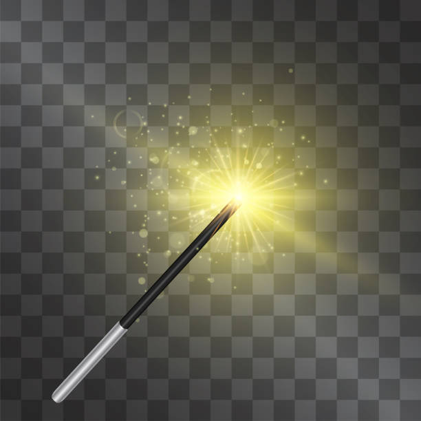 Magic wand. Vector isolated on transparent background. Wizard outfit accessorie, fairy tale spell stick with warm glittering miraculous light and stardust. Abracadabra conjuration toy. Magic wand. Vector isolated on transparent background. Wizard outfit accessorie, fairy tale spell stick with warm glittering miraculous light and stardust. Abracadabra conjuration toy. sundog stock illustrations