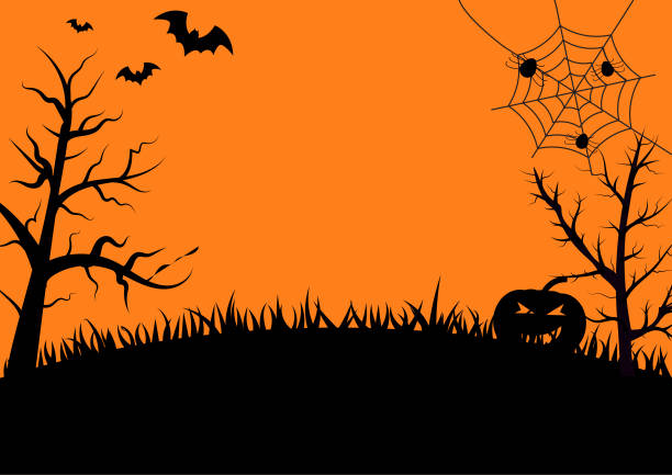 ilustraciones, imágenes clip art, dibujos animados e iconos de stock de fondo de noche de halloween con calabazas, árboles, palos y tela de araña, vector - halloween background