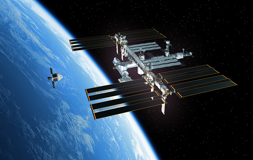 Spaceship Is Preparing To Dock With International Space Station. 3D Illustration. NASA Images Not Used.