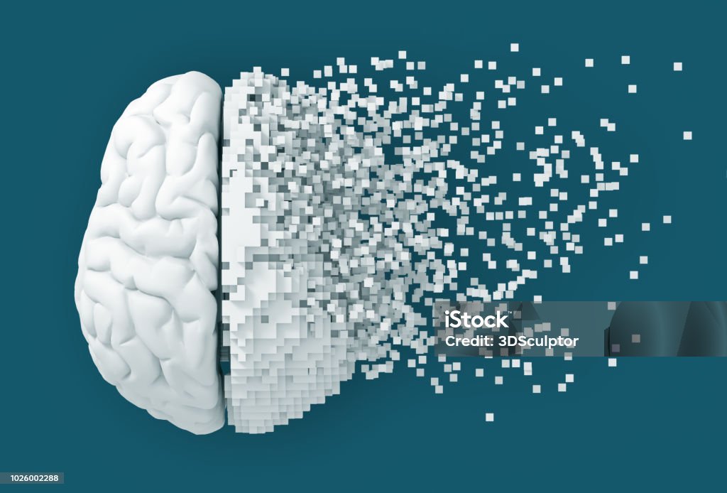 Desintegration Of Digital Brain On Blue Background Desintegration Of Digital Brain On Blue Background. 3D Illustration. Pixelated Stock Photo