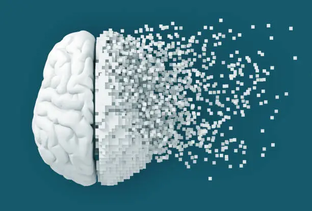 Desintegration Of Digital Brain On Blue Background. 3D Illustration.