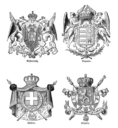 Coat of arms different countries in Europe : Austria - Hungary - Italy - Belgium
Original edition from my own archives
Source : Illustriertes Konversations Lexikon 1880