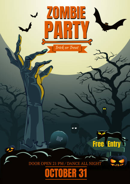 ilustraciones, imágenes clip art, dibujos animados e iconos de stock de fondo de cartel de fiesta de halloween zombie - zombie halloween cemetery human hand