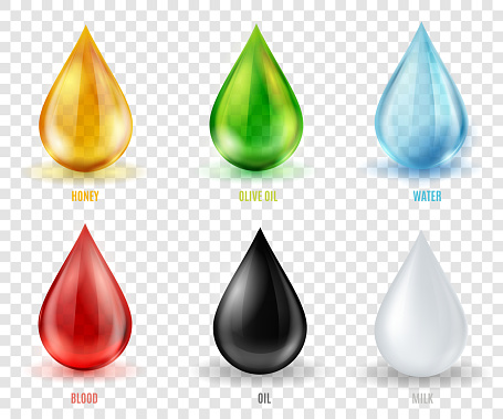 Vector set  transparent drops of various most common liquid substances. A colorful  realistic icon set for your design and advertising of different products.