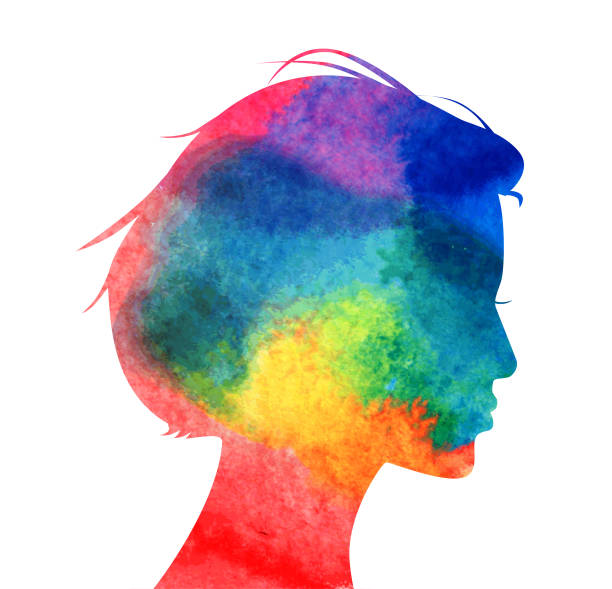 Womans Head Profile Profile of womans head with water color texture fill woman thinking stock illustrations