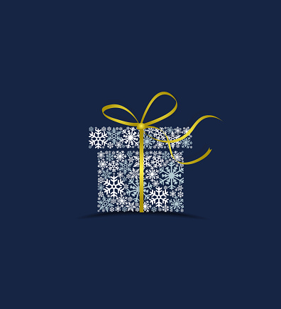 Vector illustration of a Christmas gift made from snow on a blue background. Merry Christmas card with snowflakes