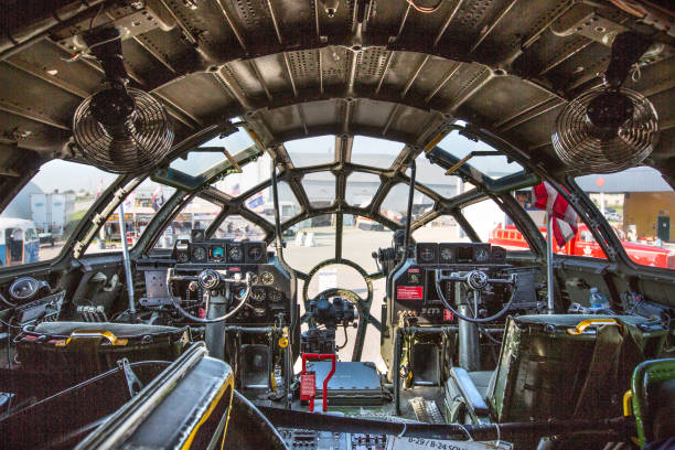 Windsor, Ontario, Canada - August 23, 2018:  One of only two remaining flying B-29 bombers in the world made an appearance at Windsor airport.  The bomber, known as the B-29 Superfortress was the same model that dropped the nuclear devices onto Japan to end World War II.  Today, this airplane makes appearances across the continent educating people about tis place in history.  This photo depicts the interior cockpit of the plane.