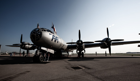 Windsor, Ontario, Canada - August 23, 2018:  One of only two remaining flying B-29 bombers in the world made an appearance at Windsor airport.  The bomber, known as the B-29 Superfortress was the same model that dropped the nuclear devices onto Japan to end World War II.  Today, this airplane makes appearances across the continent educating people about tis place in history.
