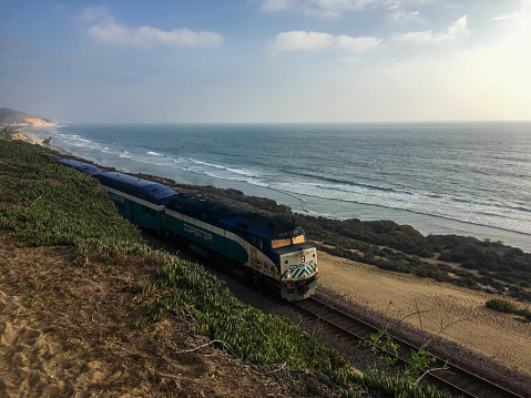 San Diego, California passenger train on the pacific coast in Del Mar, CA.