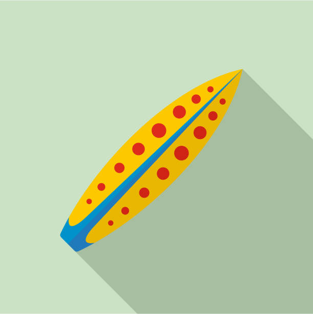 ilustrações de stock, clip art, desenhos animados e ícones de yellow red dot surfboard icon, flat style - tail fin
