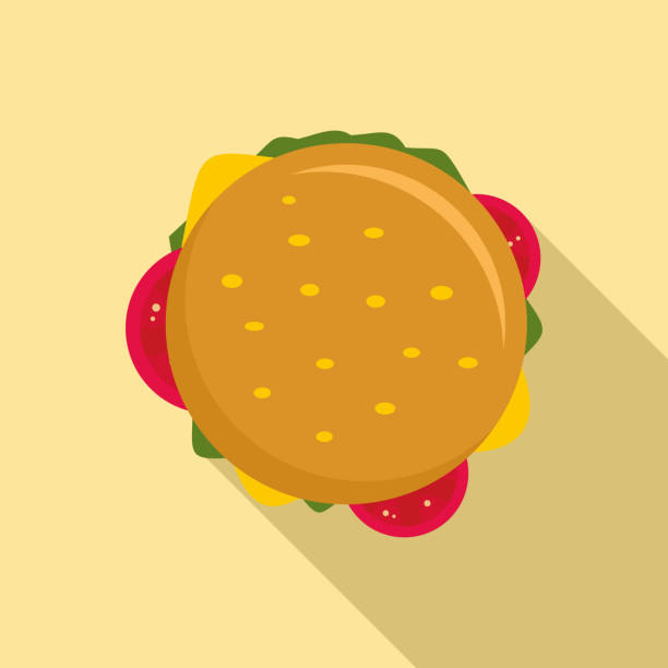 ikona cheeseburgera z góry, płaski styl - backgrounds beef close up cooked stock illustrations