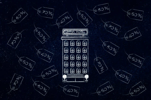hotel booking concept: accommodation building surrounded by price tags with different rate promotions
