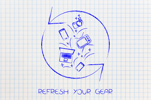 refresh your gear concept: electronic devices with spinning reloading arrows symbol