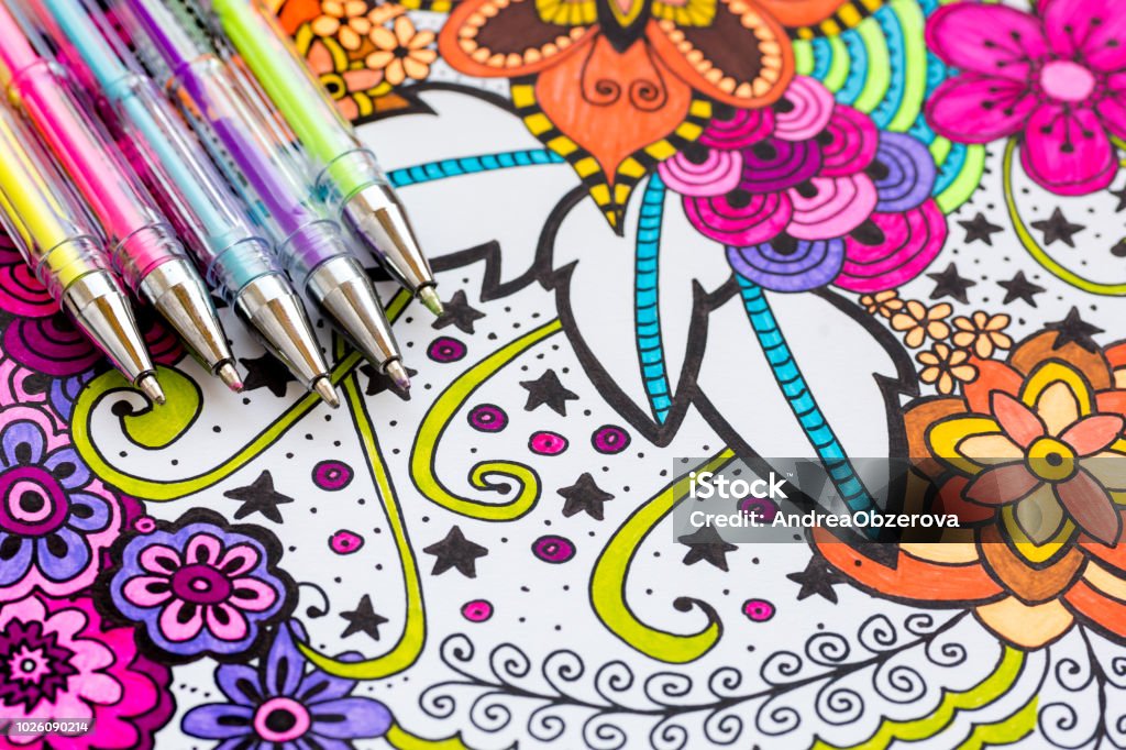 Adult Coloring Book New Stress Relieving Trend Art Therapy Mental Health  Creativity And Mindfulness Concept Adult Coloring Page With Pastel Colored  Gel Pens Flat Lay Background Stock Photo - Download Image Now 