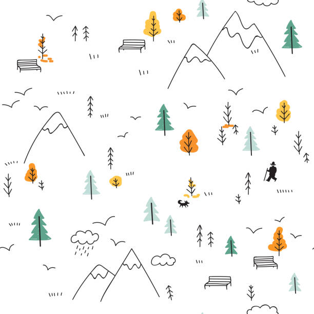 Vector seamless pattern with man walking in mountains Vector minimal seamless pattern with wild forest life in mountains and man with dog, birds. Can be printed and used as wrapping paper, wallpaper, textile, fabric, etc. animal textures stock illustrations