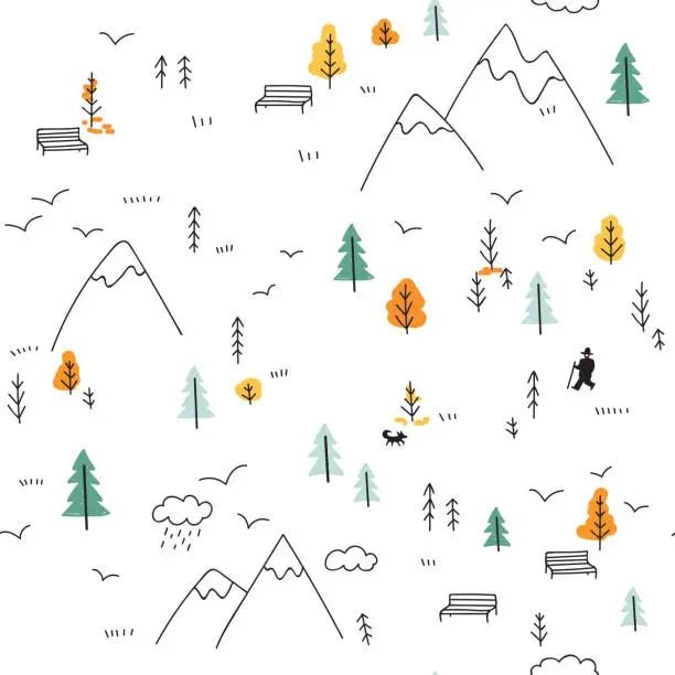 Vector illustration of Vector seamless pattern with man walking in mountains