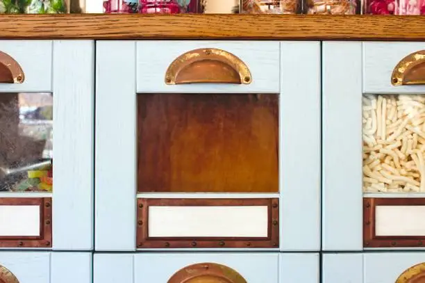 Photo of Empty box drawer with glass front in a display cabinet in a sweet shop