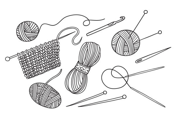 Vector set of knitting tools and yarn Vector set of knitting tools and yarn . Can be used as a sticker, icon, logo, design template, coloring page knitting needle stock illustrations