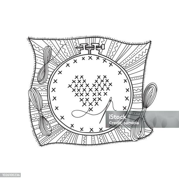 Vector Illustration Of Embroidery With Hoop And Thread Stock Illustration - Download Image Now