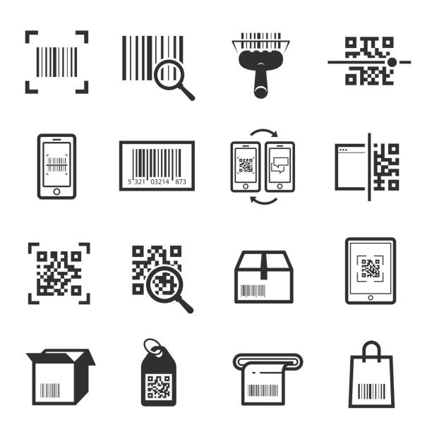 Code scanning icon set Code scanning icon set. Computer product examination using a scanner, price information. Vector illustration on white background bar code reader stock illustrations