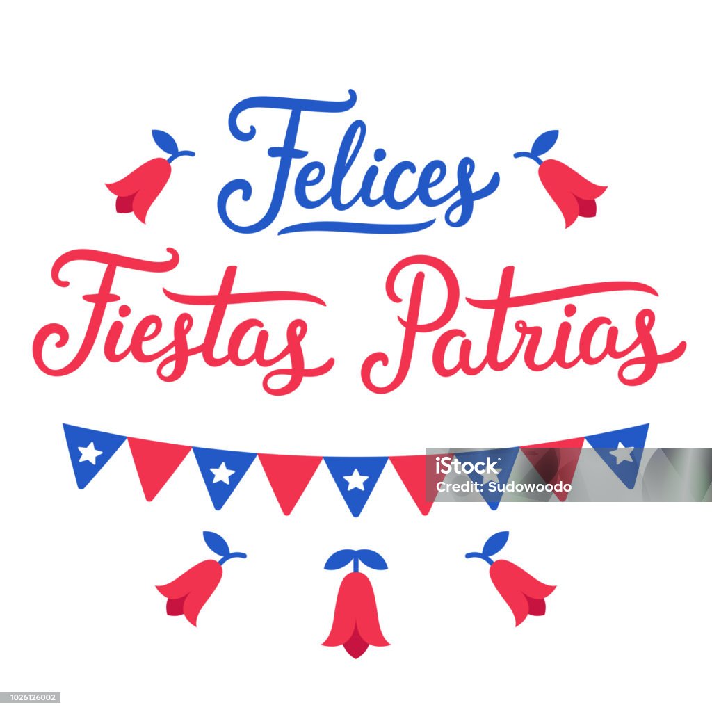 Happy Holidays Patrias Chile Felices Fiestas Patrias, Spanish for Happy National Holidays. Dieciocho, Independence Day of Chile. Vector design set. Text lettering, Copihue (national flower) and Chilean flags. Chile stock vector
