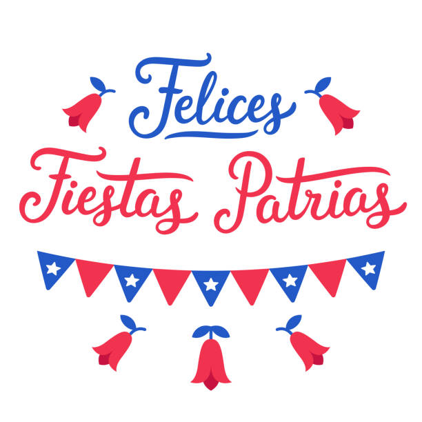 Happy Holidays Patrias Chile Felices Fiestas Patrias, Spanish for Happy National Holidays. Dieciocho, Independence Day of Chile. Vector design set. Text lettering, Copihue (national flower) and Chilean flags. chile stock illustrations