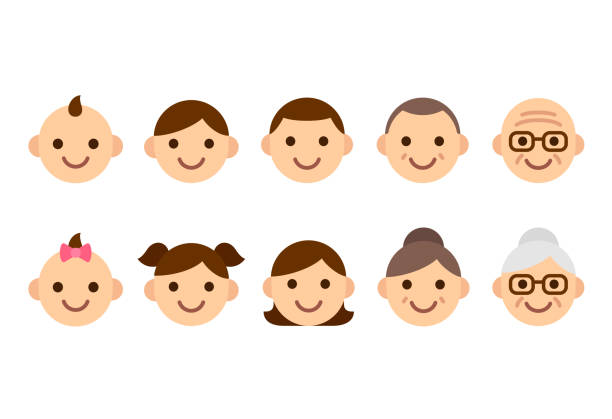 People ages icons People faces of different ages, young to old, male and female. Cute and simple icon set, flat cartoon style vector illustration. image computer graphic little boys men stock illustrations