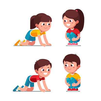 Smiling preschool boys and girls squatting on haunches and crawling on knees activity. Kids playing together. Children cartoon characters set. Flat vector illustration isolated on white background.