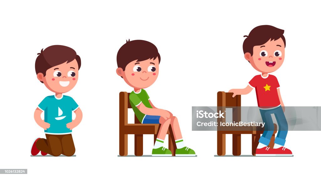Excited Preschool Boys Kneeling Sitting And Standing Up From Chair Happy Child  Cartoon Characters Set Flat Vector Clipart Illustration Stock Illustration  - Download Image Now - iStock