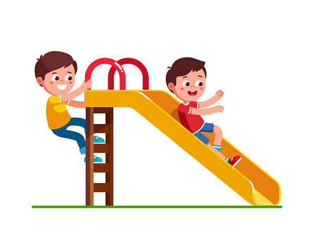 Excited preschool boy kid sliding down slide and happy friend climbing up ladder. Children cartoon character flat vector clipart illustration.