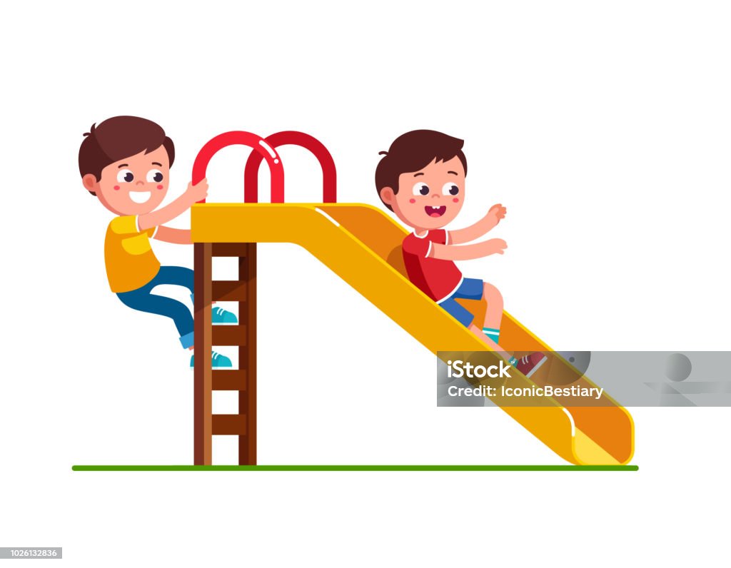 Excited Preschool Boy Kid Sliding Down Slide And Happy Friend Climbing Up  Ladder Children Cartoon Character Flat Vector Clipart Illustration Stock  Illustration - Download Image Now - iStock