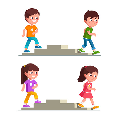 Smiling boys and girls walking up and down stairs. Children cartoon characters making steps on staircase set. Childhood and preschool development. Flat vector illustration isolated on white background.