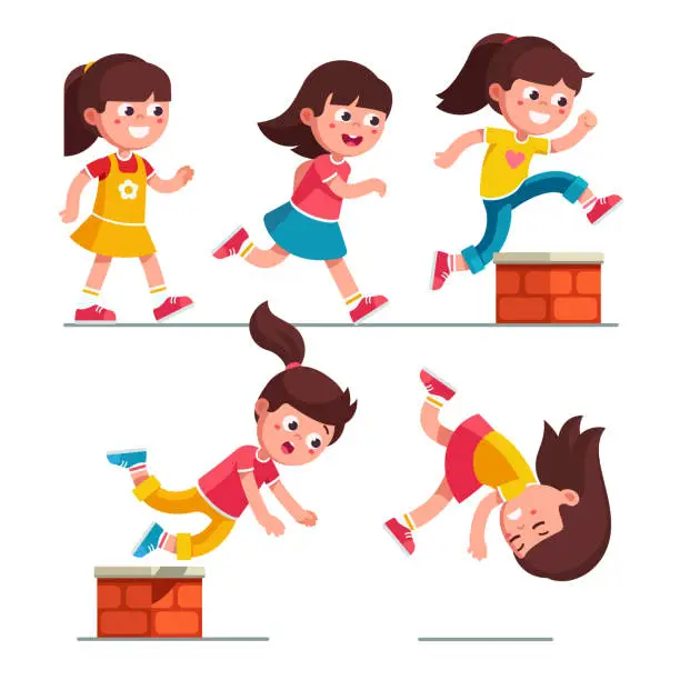 Vector illustration of Smiling girl kid walking, running, jumping, stumbling on brick obstacle and falling down. Childhood activity and injury hazard. Child cartoon character flat vector clipart illustration.