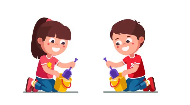 Vector illustration of Smiling preschool girl and boy kids playing with sand pail and shovel in sandbox. Children cartoon characters. Flat vector clipart illustration.