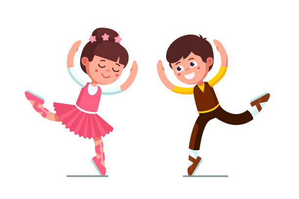 illustrazioni stock, clip art, cartoni animati e icone di tendenza di sorridente ballerino ballerino bambini spettacolo teatrale. ballerina ragazza e ragazzo che ballano insieme. personaggi dei cartoni animati per bambini. illustrazione clipart vettoriale piatta. - skirt clothing vector personal accessory