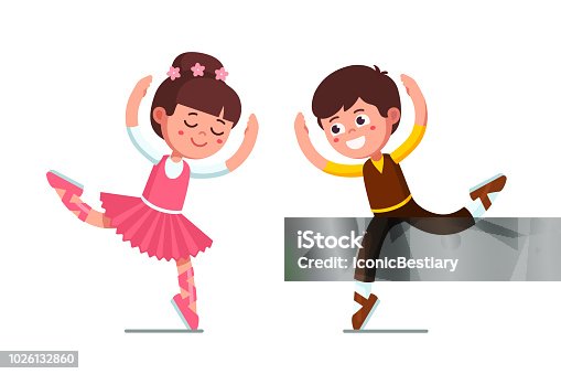 istock Smiling ballet dancer kids theatrical performance. Ballerina girl and boy dancing together. Children cartoon characters. Flat vector clipart illustration. 1026132860