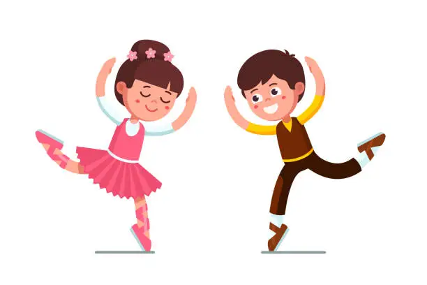 Vector illustration of Smiling ballet dancer kids theatrical performance. Ballerina girl and boy dancing together. Children cartoon characters. Flat vector clipart illustration.