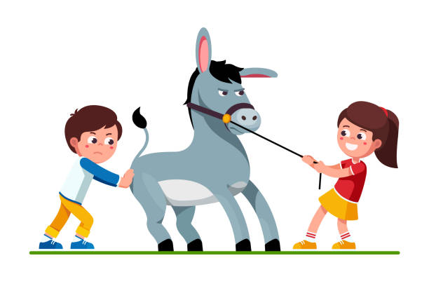 Smiling preschool kids girl pulling stubborn mule and unhappy boy pushing it. Kids cartoon characters playing together with donkey. Flat vector clipart illustration. Smiling preschool kids girl pulling stubborn donkey on reins and unhappy boy pushing it. Kids playing together with donkey. Pulling and pushing children cartoon characters. Flat vector illustration isolated on white background. ass boy stock illustrations