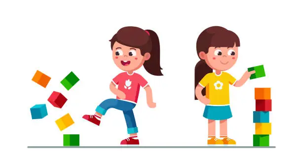 Vector illustration of Smiling preschool girl kids playing with toy cube blocks tower creating and breaking it. Children cartoon characters. Flat vector clipart illustration.