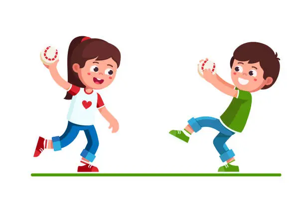Vector illustration of Smiling preschool girl and boy kids playing baseball game holding, catching and throwing ball. Childhood activity and sport. Flat vector clipart illustration.