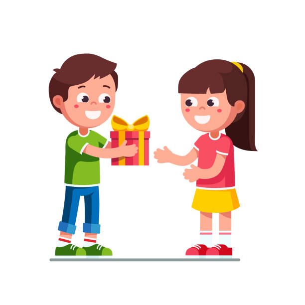 ilustrações de stock, clip art, desenhos animados e ícones de smiling little boy kid giving to excited girl birthday wrapping gift. child hand over holiday present. children cartoon characters flat vector clipart illustration. - family cartoon child little girls