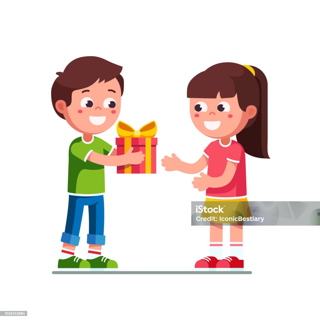 Smiling Little Boy Kid Giving To Excited Girl Birthday Wrapping Gift Child  Hand Over Holiday Present Children Cartoon Characters Flat Vector Clipart  Illustration Stock Illustration - Download Image Now - iStock