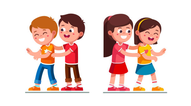 szczęśliwy chłopiec w wieku przedszkolnym i dziewczęce dzieci łaskotać siebie bawiąc się razem zabawy. śmiejące się dzieci postaci z kreskówek płaskie wektorowe ilustracji clipart. - łaskotać stock illustrations