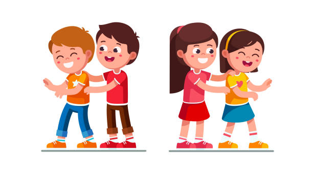 ilustrações de stock, clip art, desenhos animados e ícones de happy preschool boy and girl kids tickle each other playing together having fun. laughing children cartoon characters flat vector clipart illustration. - tickling