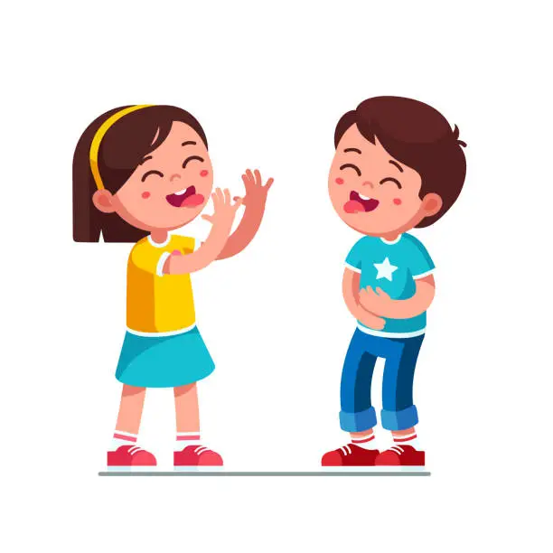 Vector illustration of Laughing boy and girl kids sticking out tongue joking and teasing making silly grimace. Children cartoon characters having fun together. Flat vector clipart illustration.